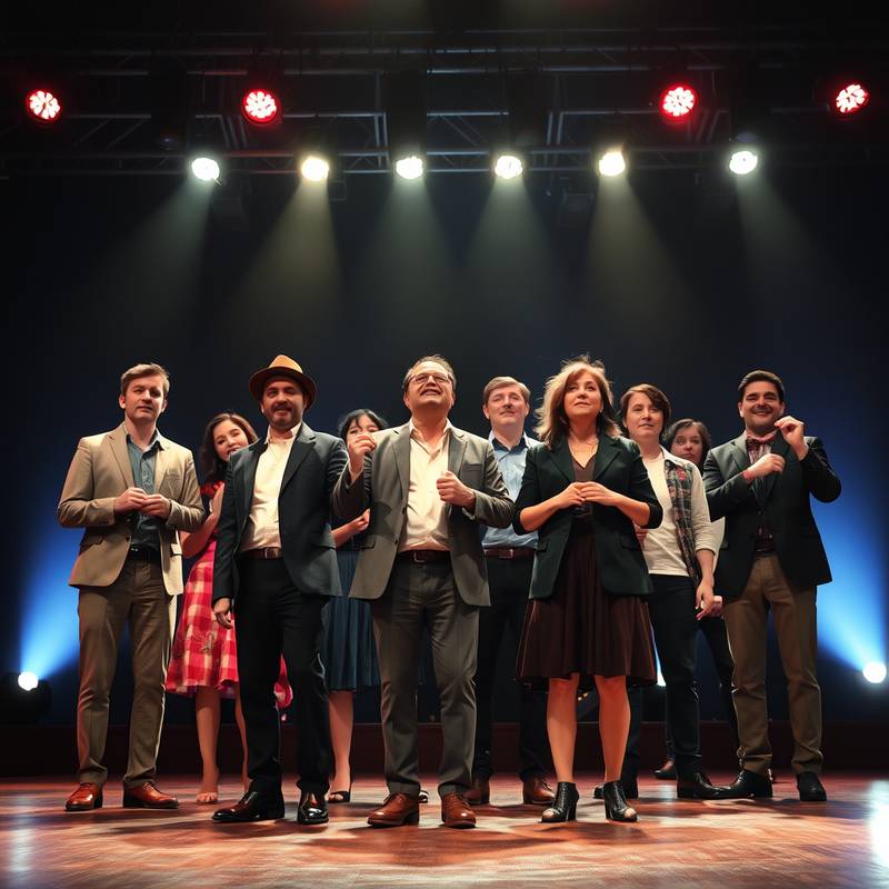 A diverse group of actors on stage performing with passion