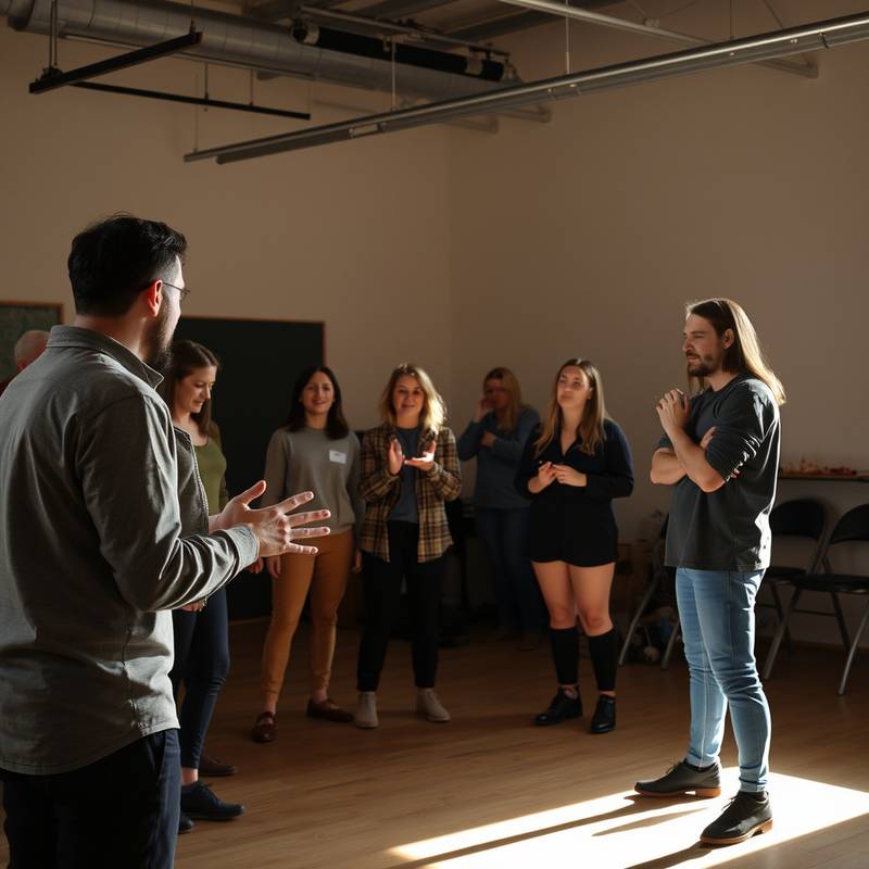 Instructors guiding students in an acting exercise